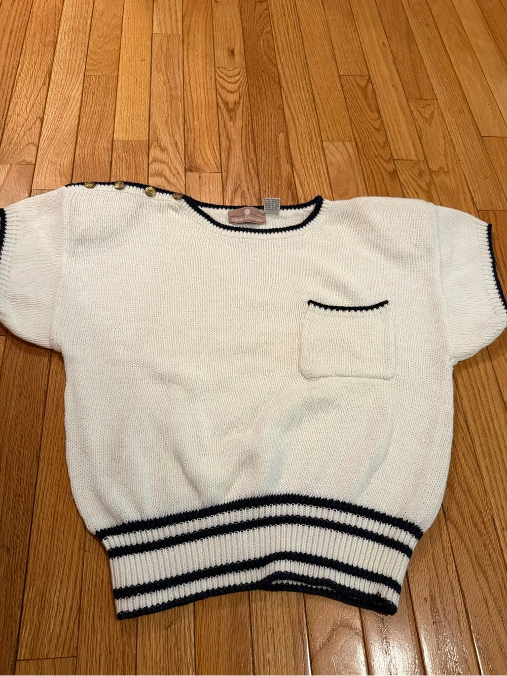White Short Sleeve Knit Top with Navy Trim Gold Button Detail yacht club coastal - Picture 2 of 7